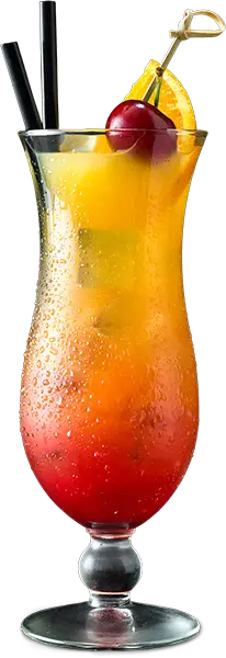 Fruchtiger Cocktail mit Farbverlauf von Rot zu Gelb, Orangenscheibe und Cocktailkirsche | (c) AdobeStock 334225891