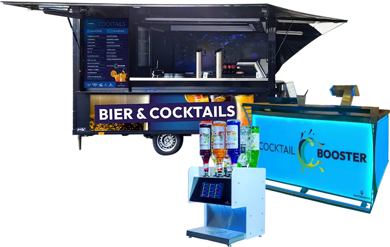 Cocktail Booster Ausschankwagen mit geöffneten Verkaufsklappen, davor Cocktail Booster Pro und Mini