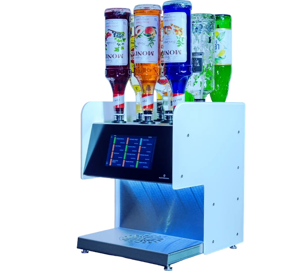 Cocktail Booster Mini mit kopfüber eingesetzten Sirupflaschen und Touch-Display