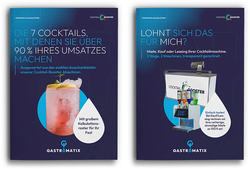 Titelseiten der beiden Gastromatix-Ratgeber zur Cocktail-Kalkulation und zu Miete, Kauf oder Leasing